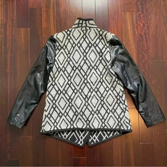 Pink  Martini Jacket Faux Leather Wool Open Front Draped Moto Black Grey Small - Picture 15 of 16